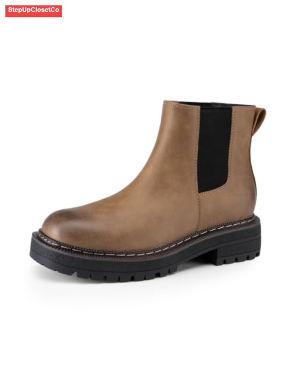 Chunky Low Heel Slip On Round Toe Chelsea Ankle Boots Faux Leather